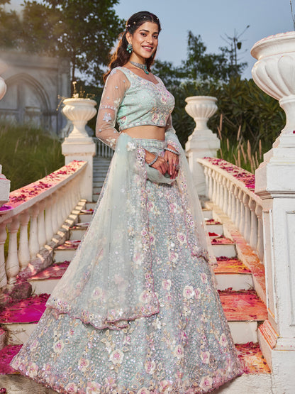 Sea Green Net Bridal Lehenga with Sequins &amp; Zarkan Embroidery