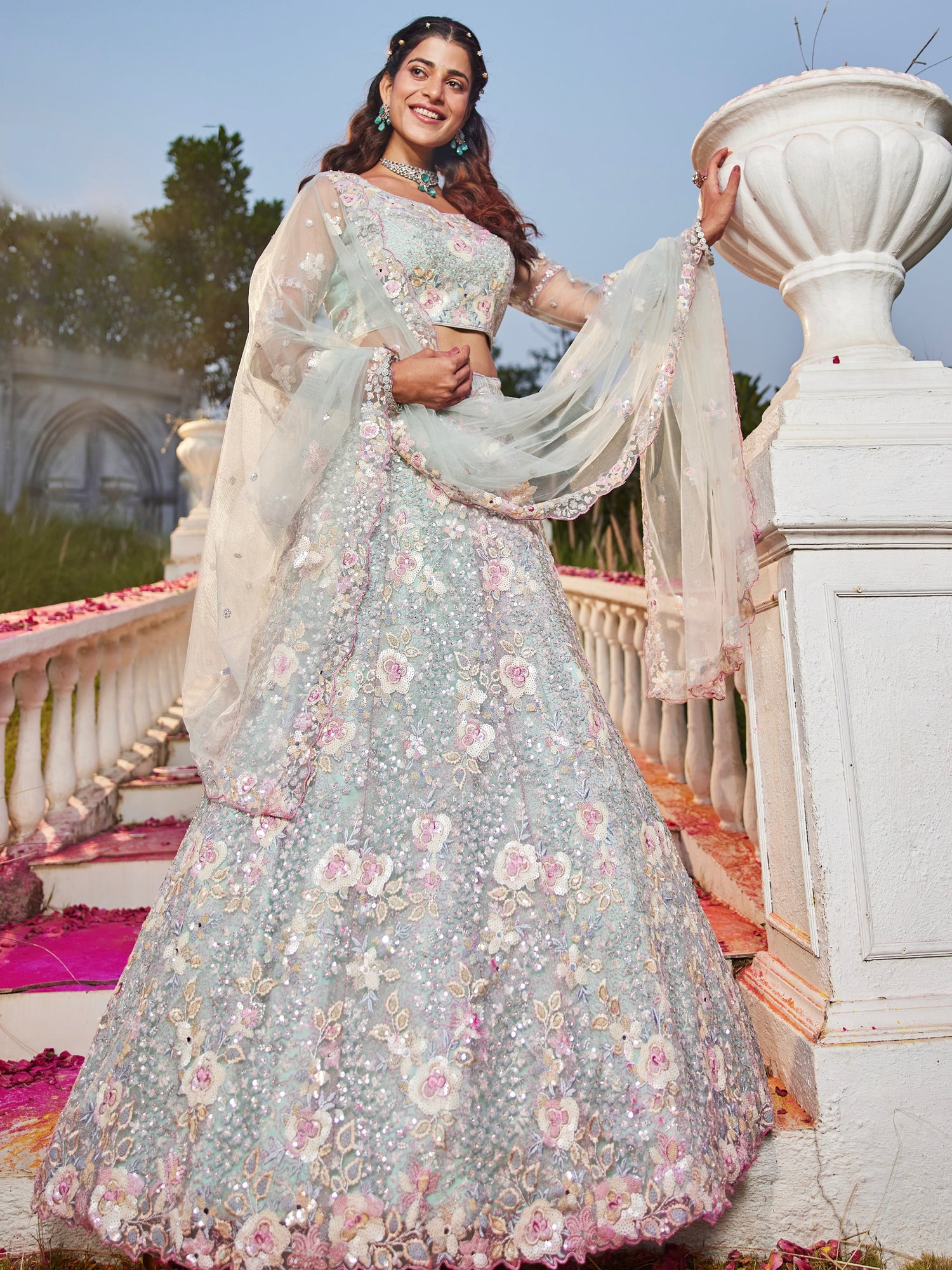 Sea Green Net Bridal Lehenga with Sequins &amp; Zarkan Embroidery