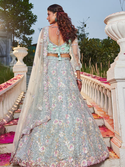 Sea Green Net Bridal Lehenga with Sequins &amp; Zarkan Embroidery