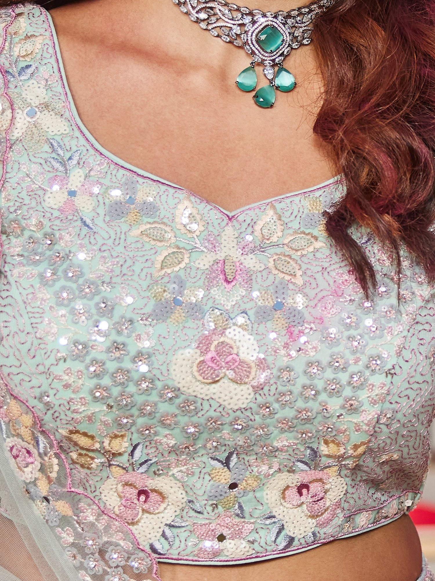Sea Green Net Bridal Lehenga with Sequins &amp; Zarkan Embroidery