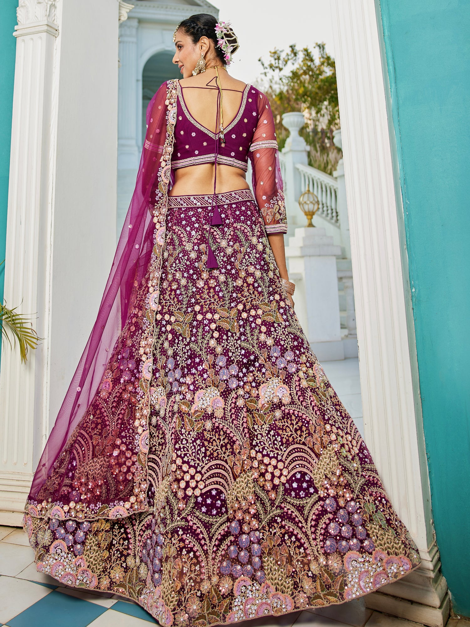 Burgundy Net Bridal Lehenga with Sequins &amp; Zarkan Embroidery