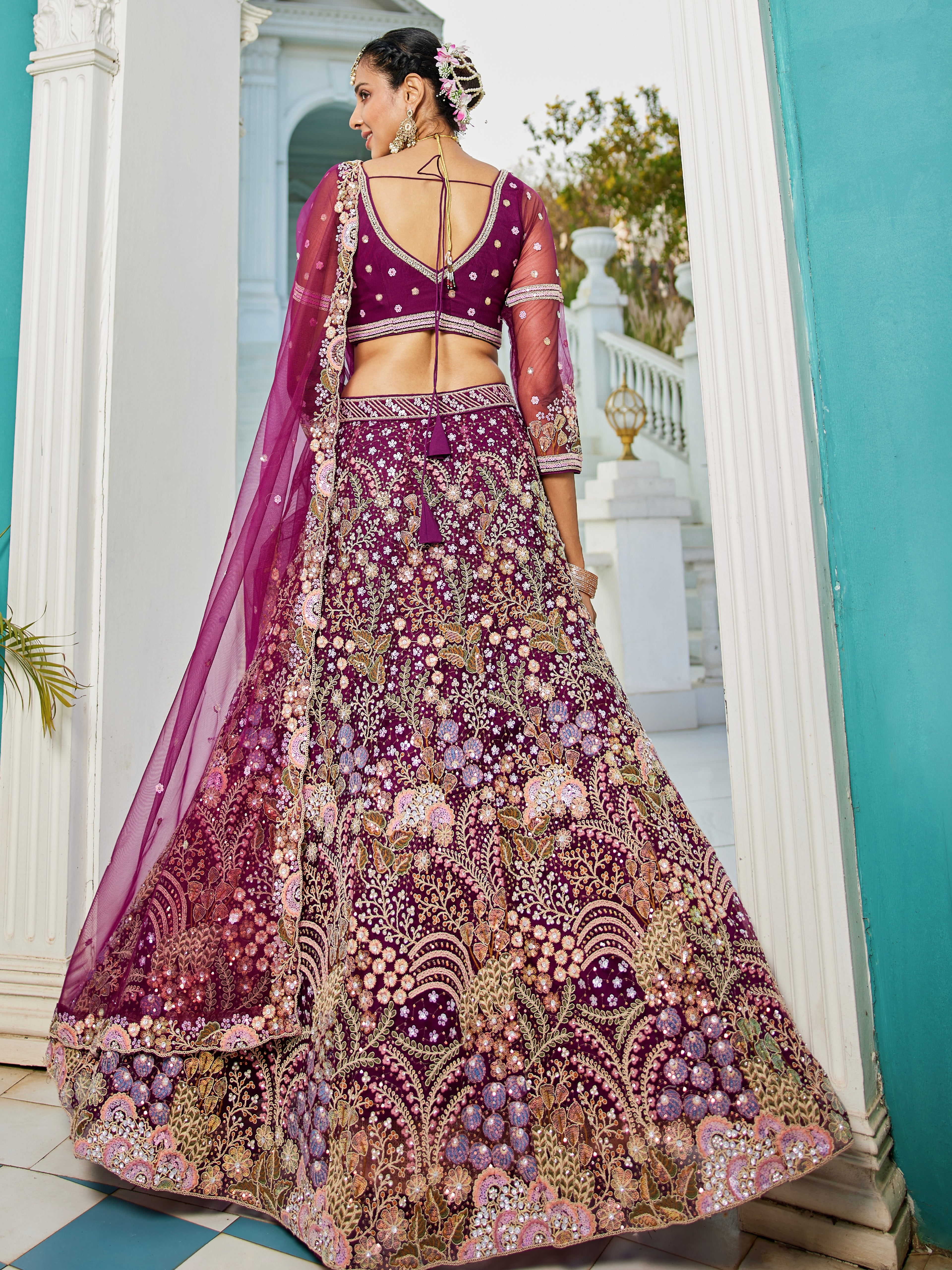 Burgundy Net Bridal Lehenga with Sequins &amp; Zarkan Embroidery