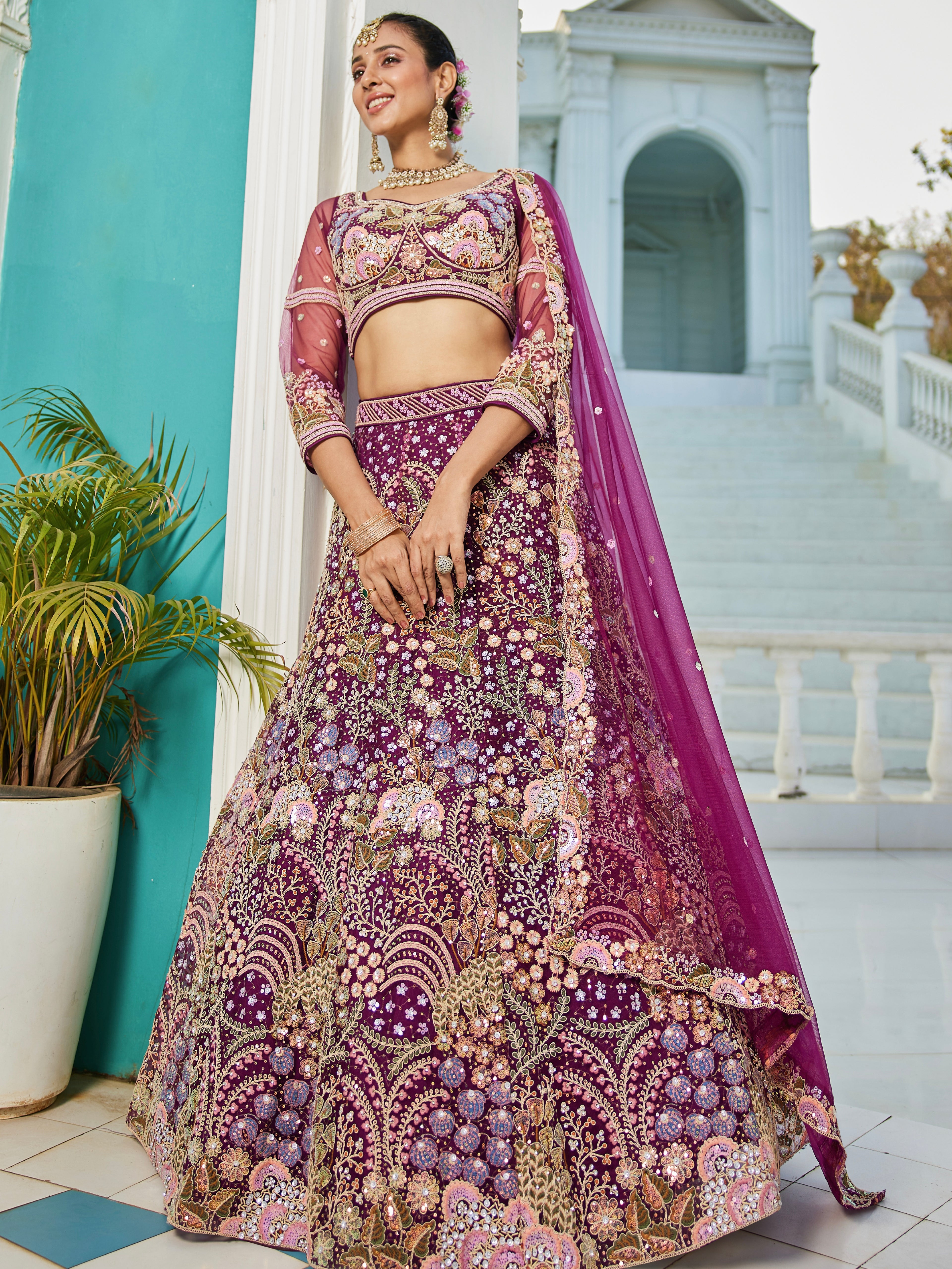Burgundy Net Bridal Lehenga with Sequins &amp; Zarkan Embroidery