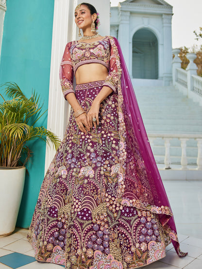Burgundy Net Bridal Lehenga with Sequins &amp; Zarkan Embroidery