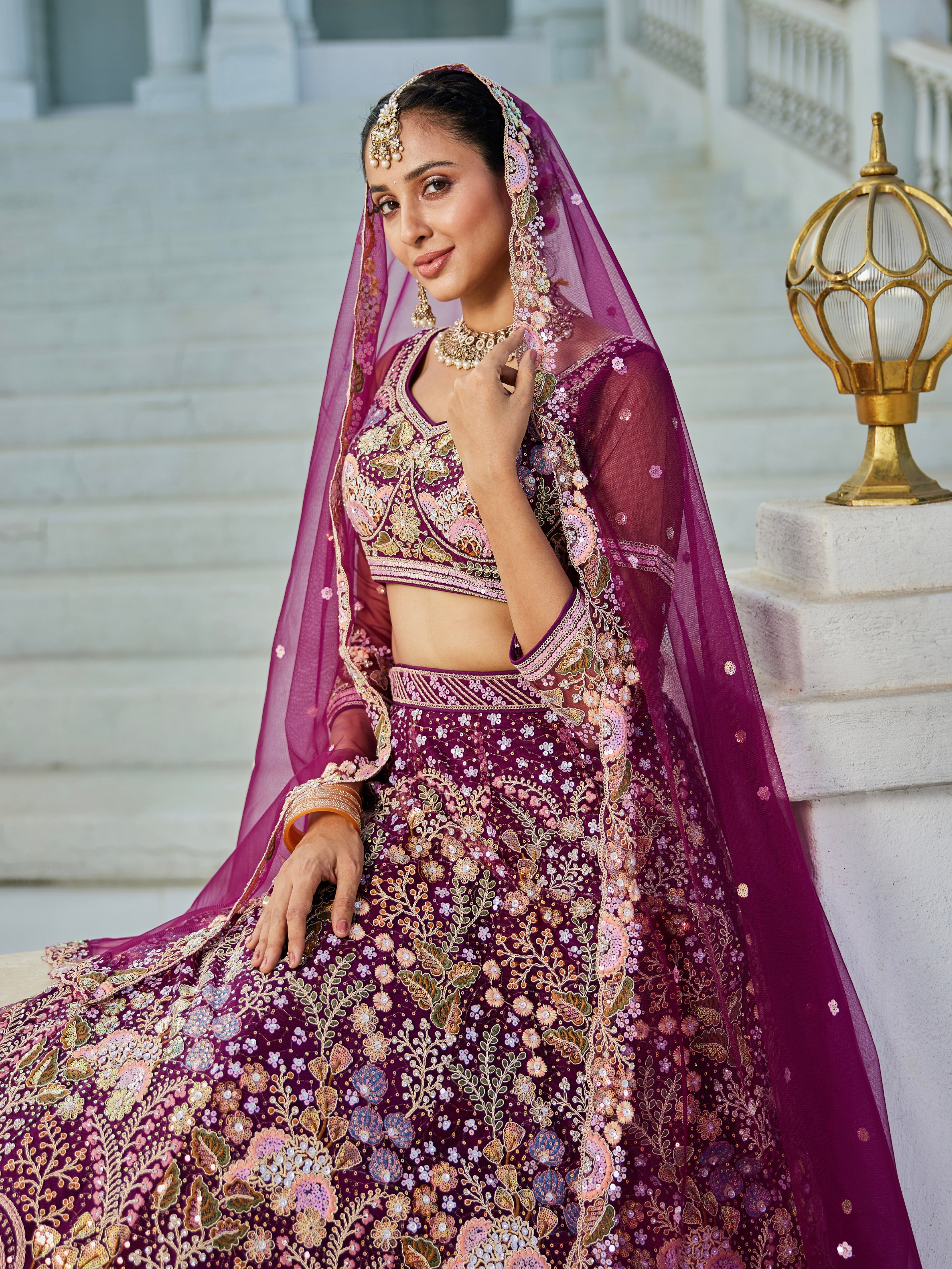 Burgundy Net Bridal Lehenga with Sequins &amp; Zarkan Embroidery