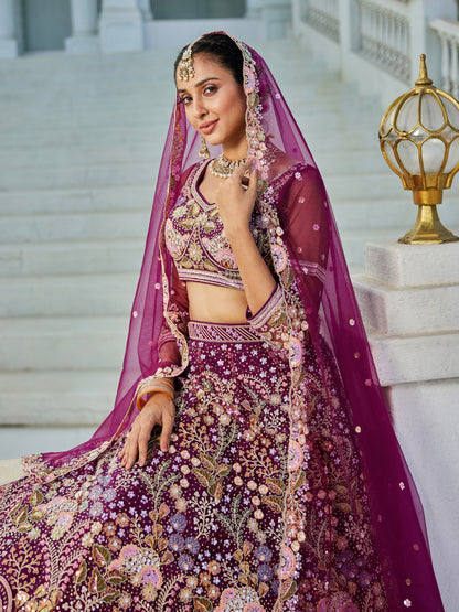 Burgundy Net Bridal Lehenga with Sequins &amp; Zarkan Embroidery