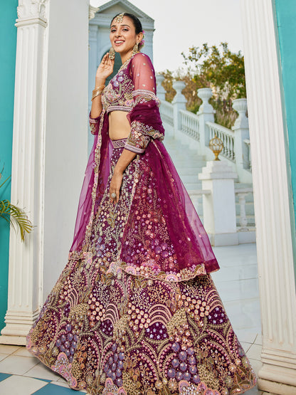 Burgundy Net Bridal Lehenga with Sequins &amp; Zarkan Embroidery