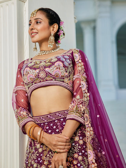 Burgundy Net Bridal Lehenga with Sequins &amp; Zarkan Embroidery