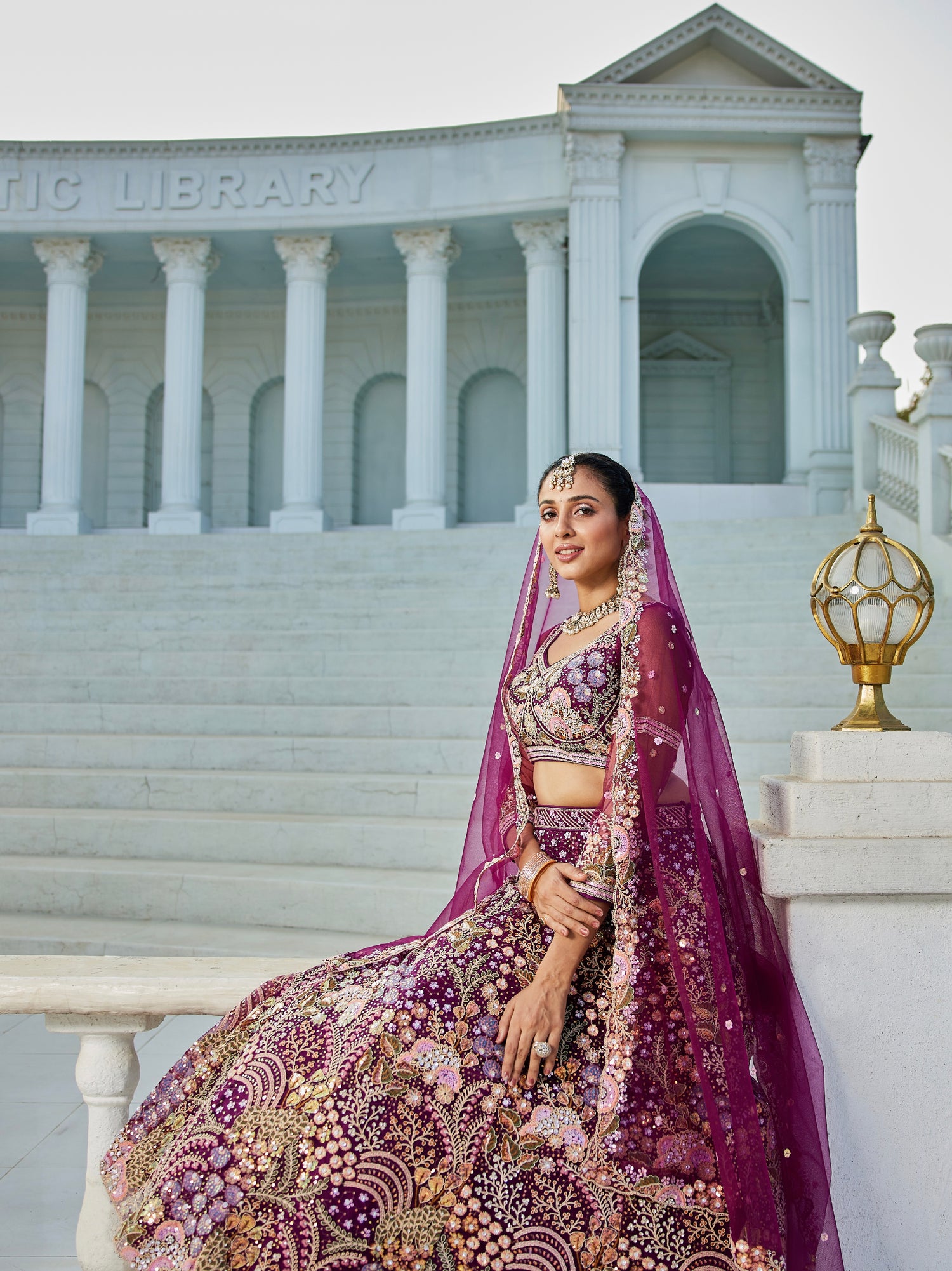 Burgundy Net Bridal Lehenga with Sequins &amp; Zarkan Embroidery