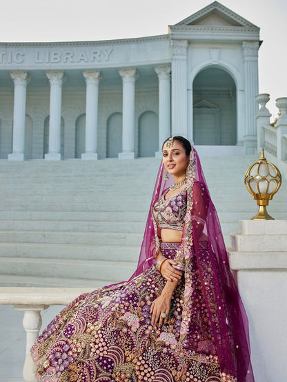 Burgundy Net Bridal Lehenga with Sequins &amp; Zarkan Embroidery