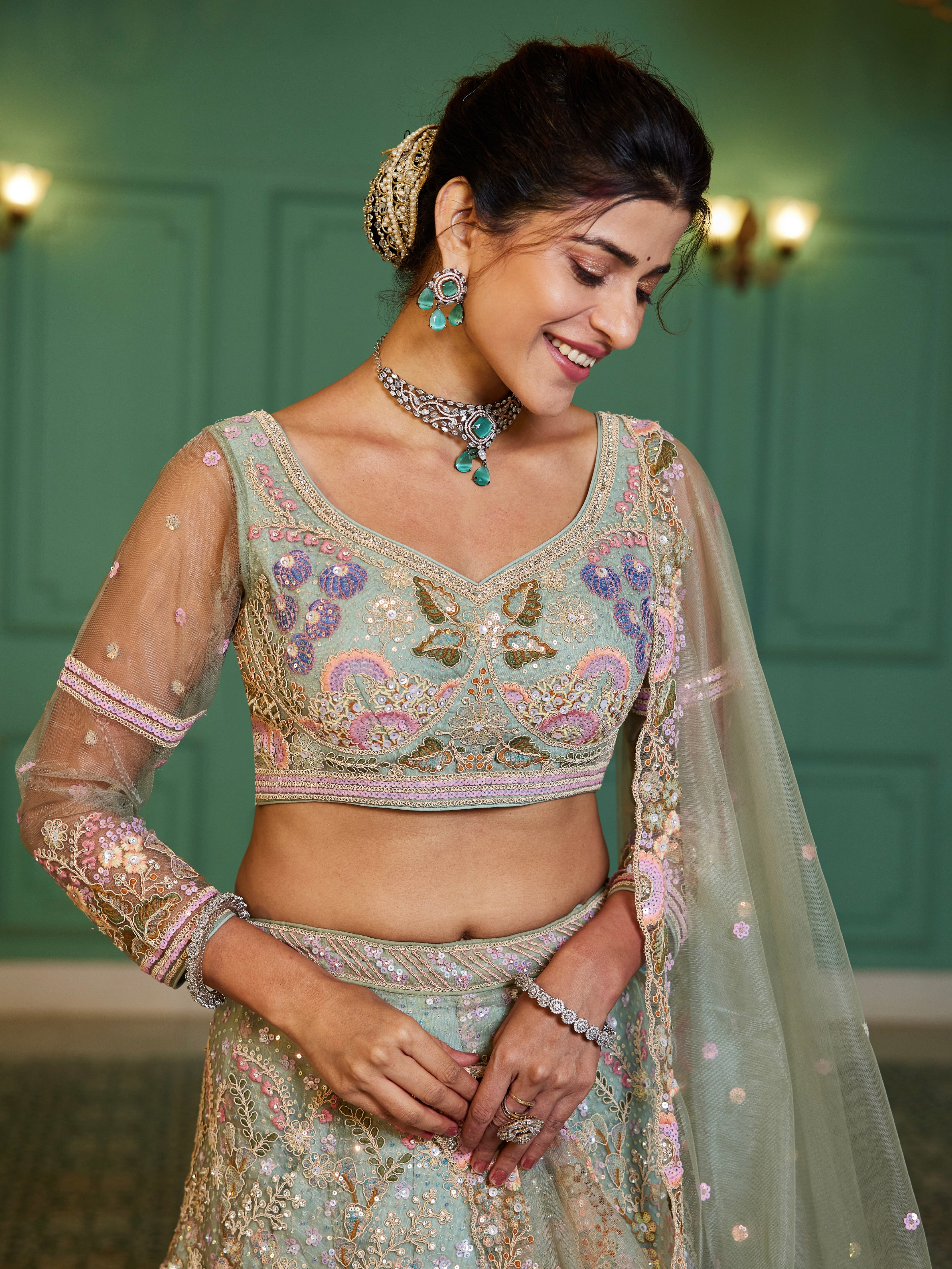 Lime Green Net Bridal Lehenga with Sequins &amp; Zarkan Embroidery