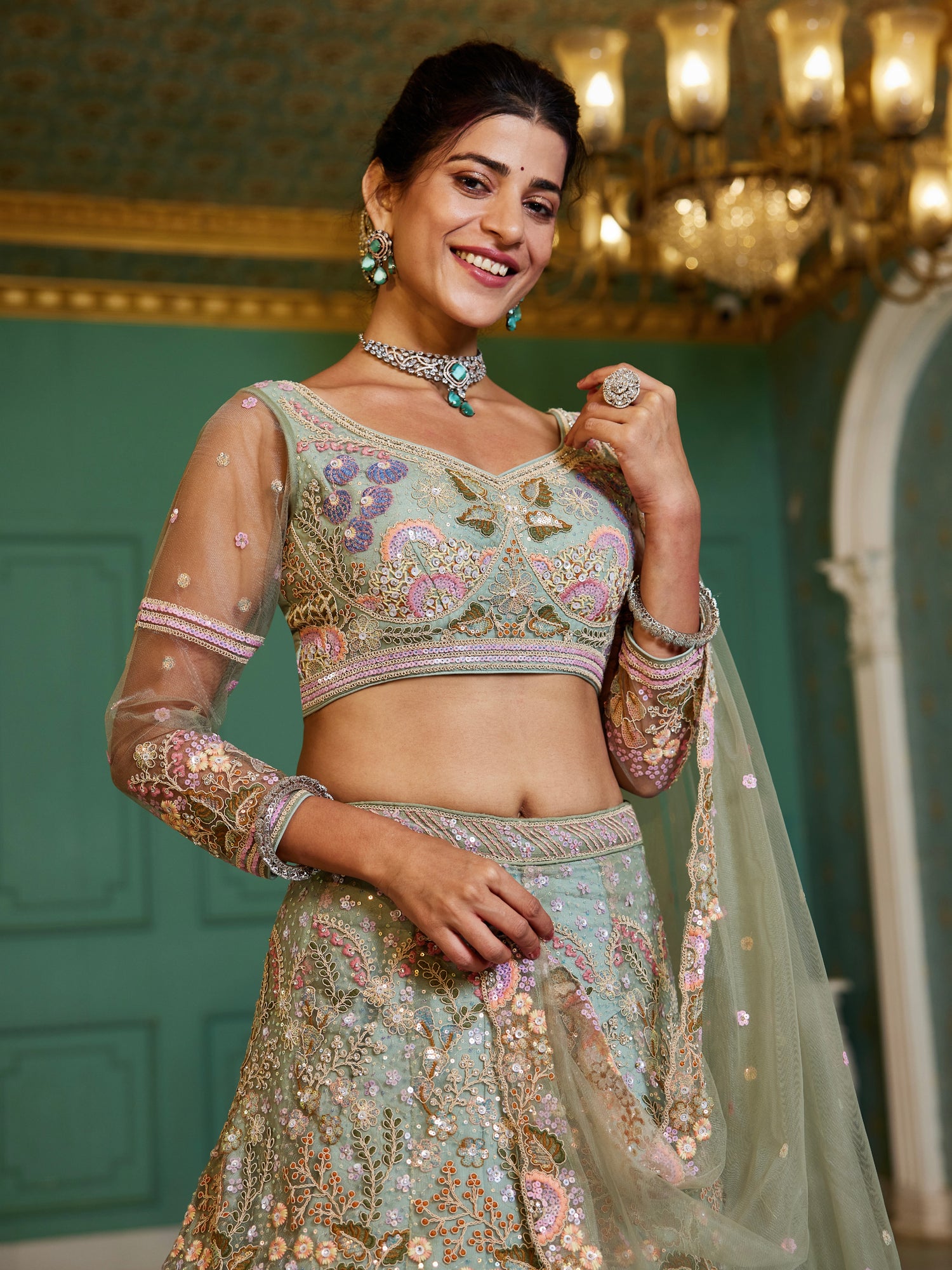 Lime Green Net Bridal Lehenga with Sequins &amp; Zarkan Embroidery