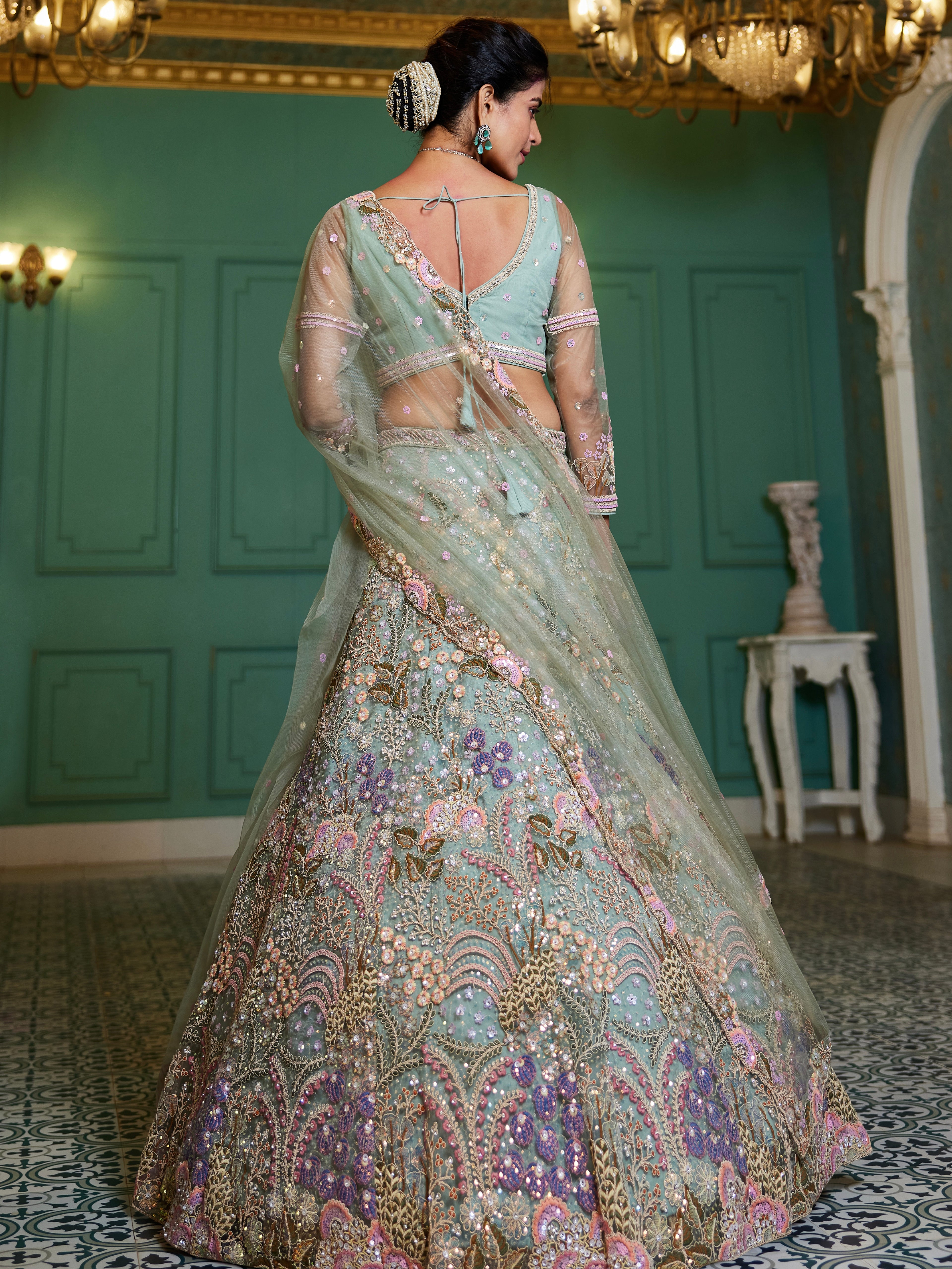 Lime Green Net Bridal Lehenga with Sequins &amp; Zarkan Embroidery