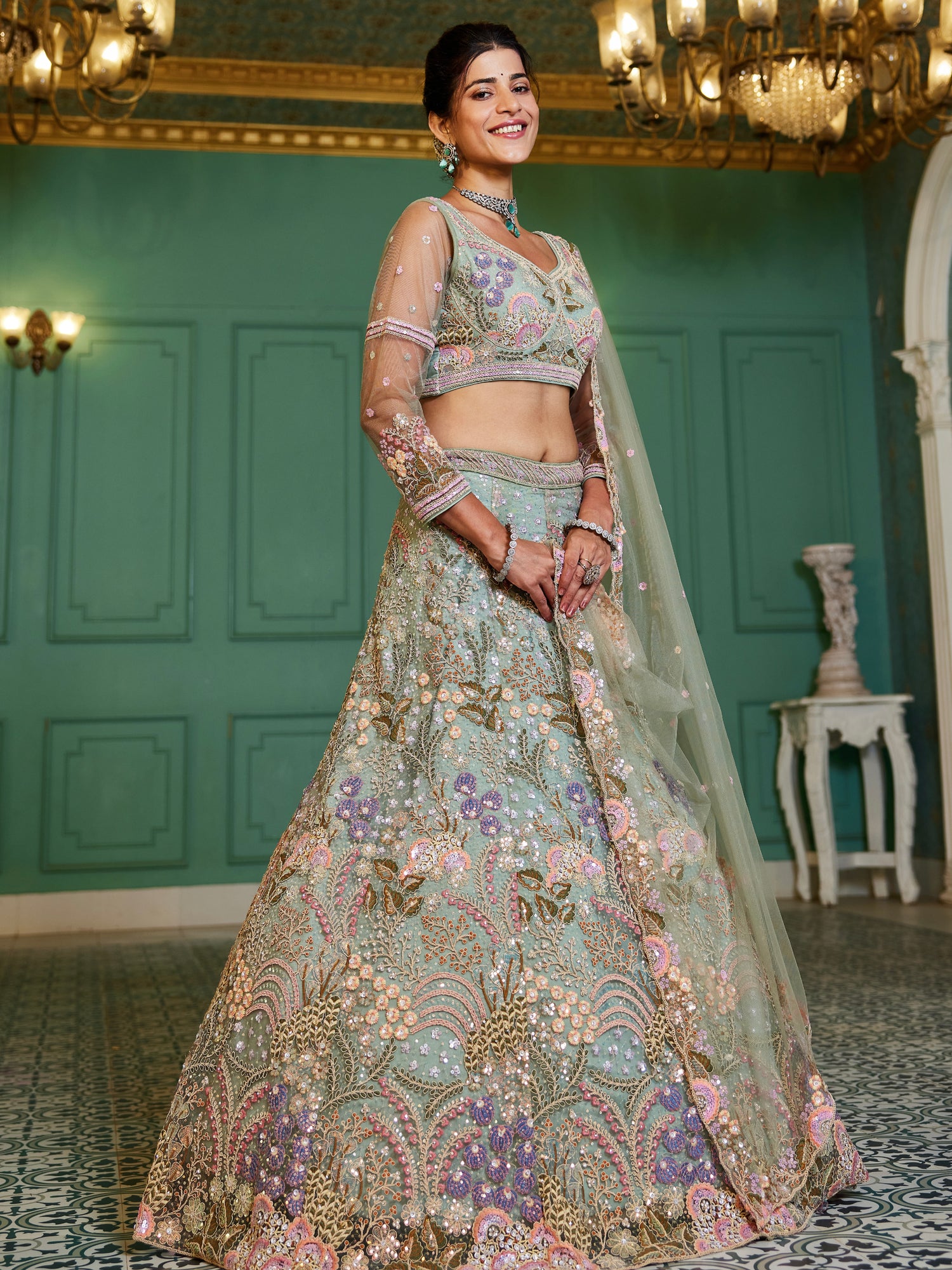 Lime Green Net Bridal Lehenga with Sequins &amp; Zarkan Embroidery