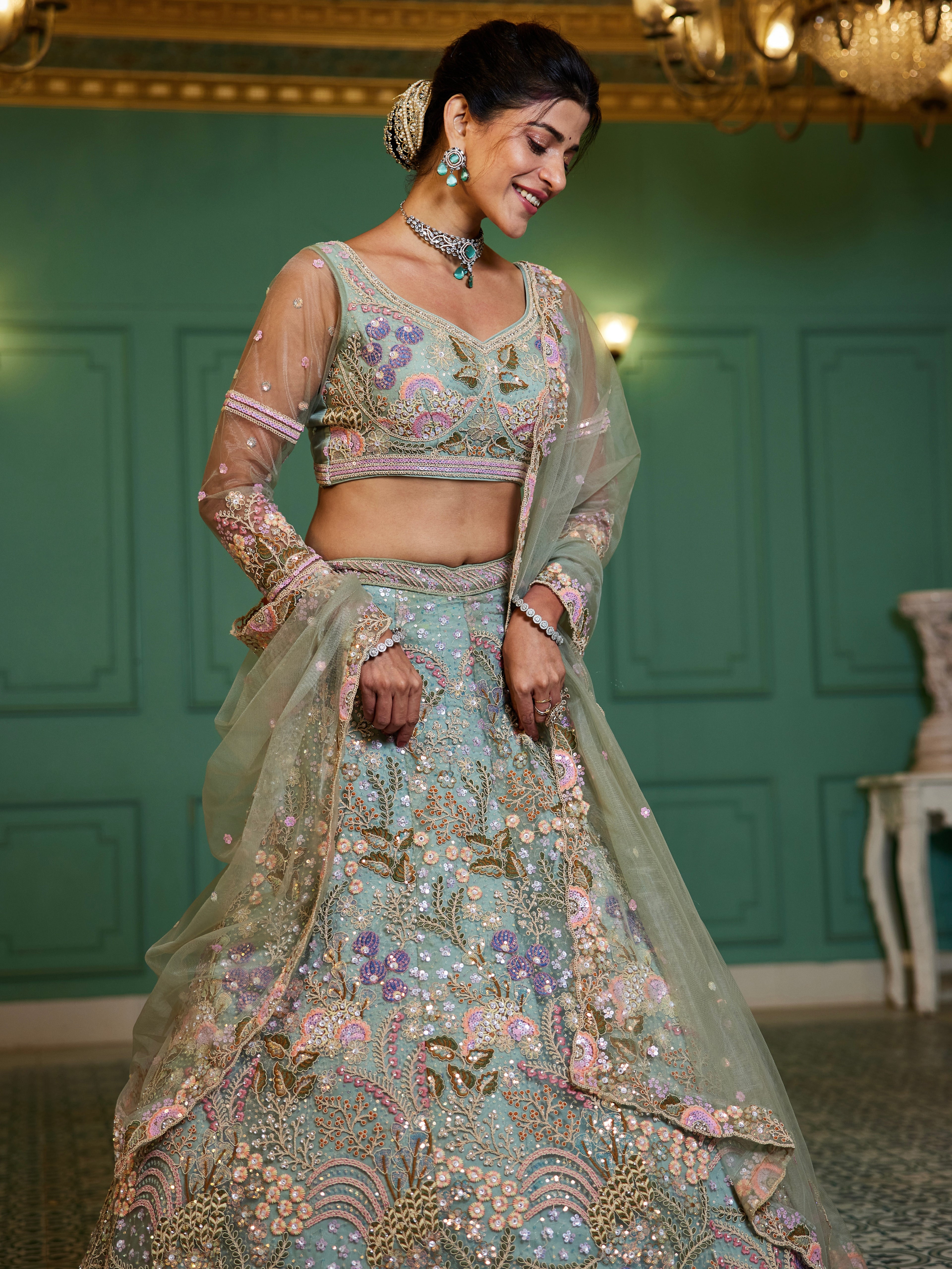 Lime Green Net Bridal Lehenga with Sequins &amp; Zarkan Embroidery