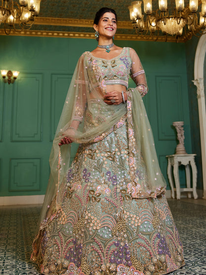 Lime Green Net Bridal Lehenga with Sequins &amp; Zarkan Embroidery