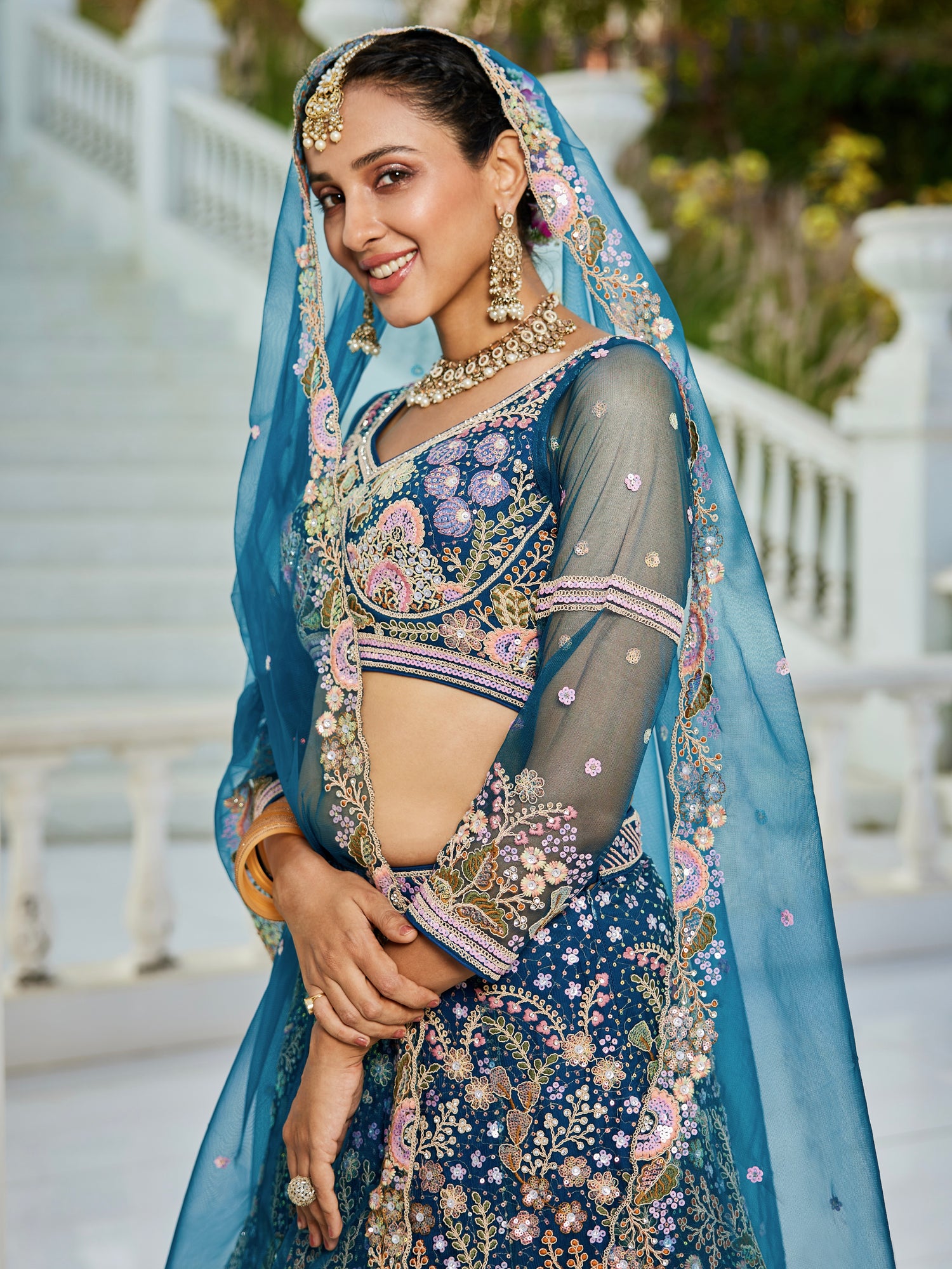 Navy Blue Net Bridal Lehenga with Sequins &amp; Zarkan Work