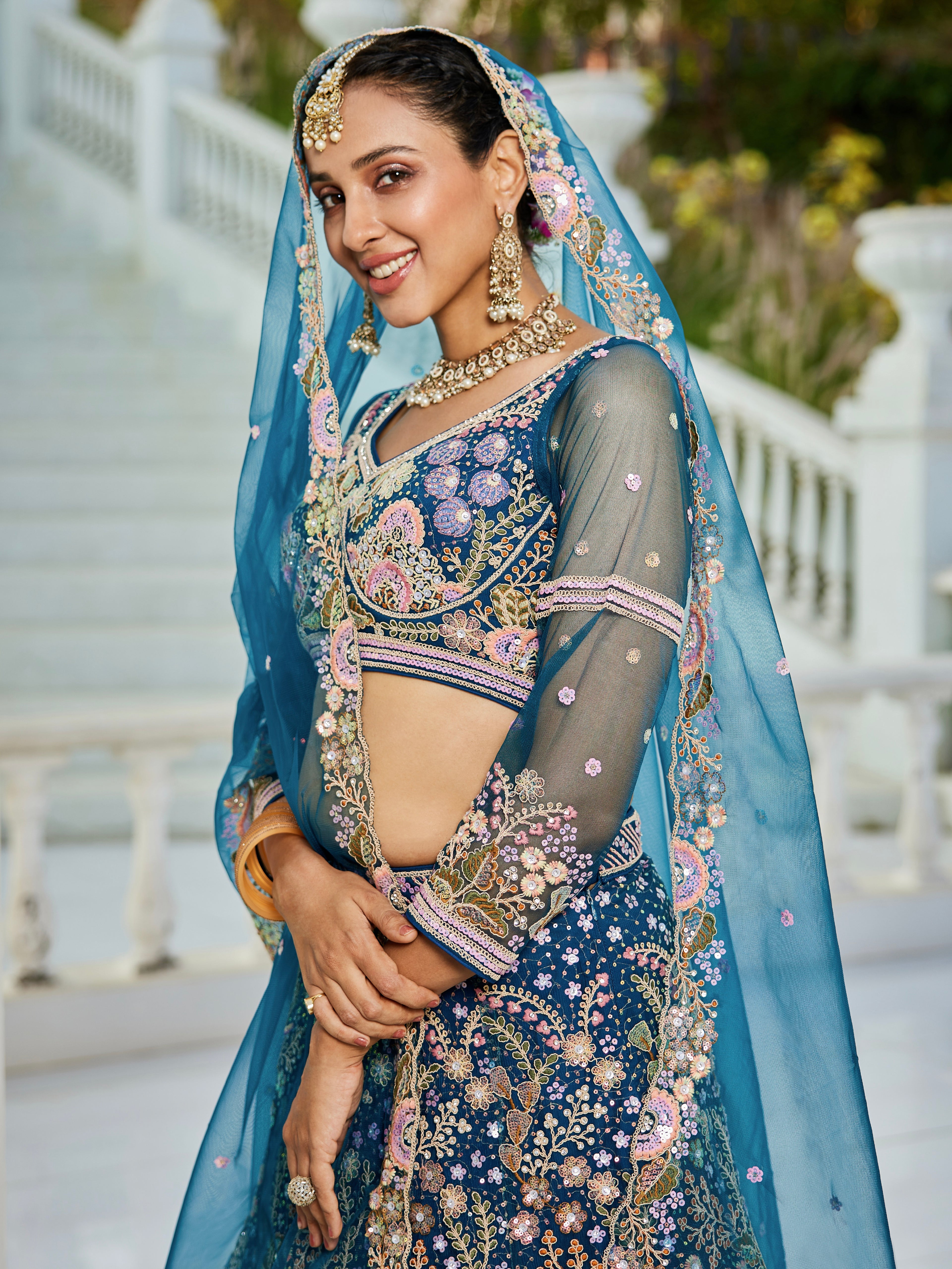 Navy Blue Net Bridal Lehenga with Sequins &amp; Zarkan Work