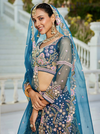 Navy Blue Net Bridal Lehenga with Sequins &amp; Zarkan Work