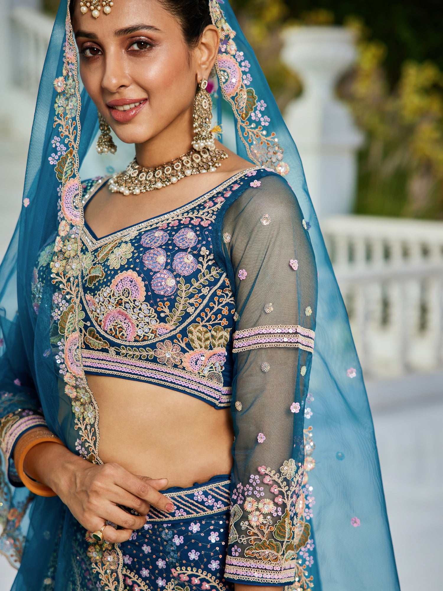 Navy Blue Net Bridal Lehenga with Sequins &amp; Zarkan Work