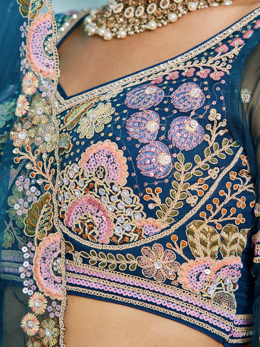 Navy Blue Net Bridal Lehenga with Sequins &amp; Zarkan Work