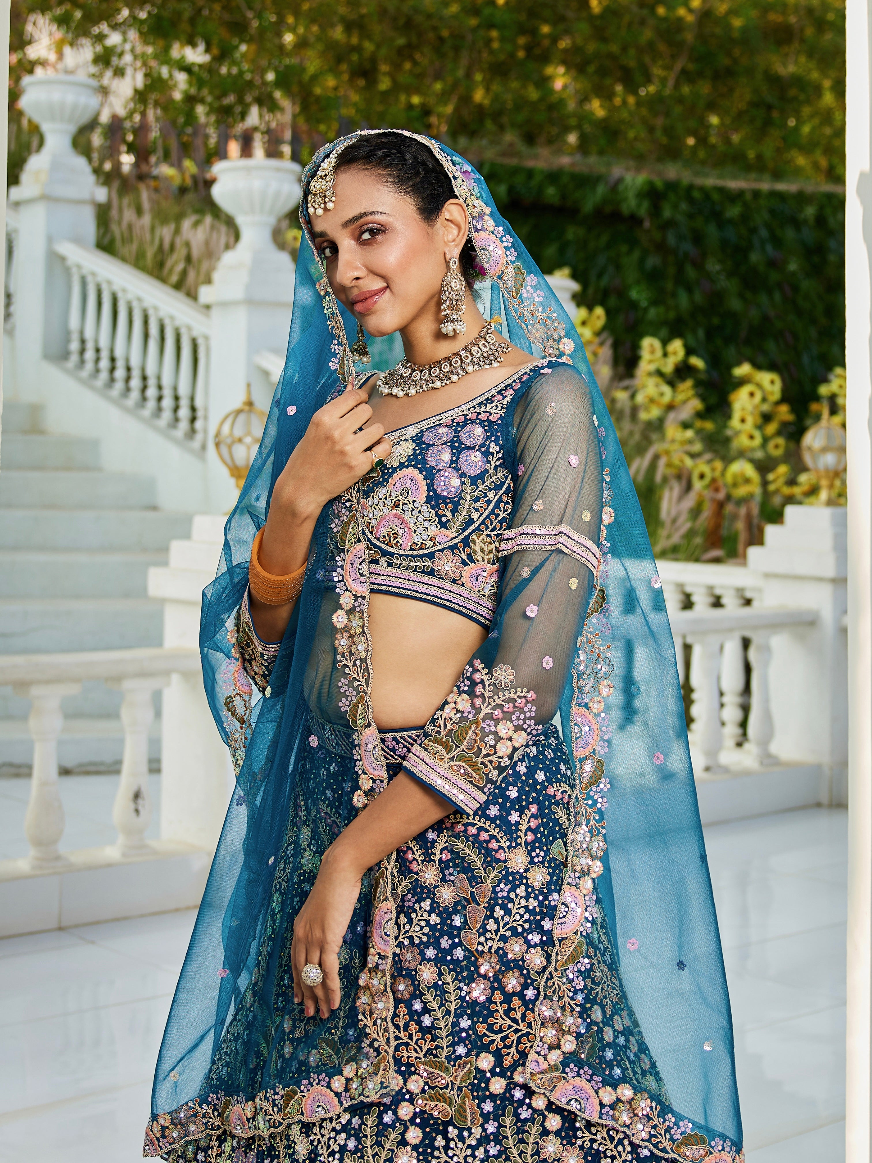 Navy Blue Net Bridal Lehenga with Sequins &amp; Zarkan Work