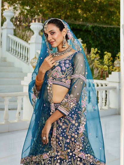 Navy Blue Net Bridal Lehenga with Sequins &amp; Zarkan Work