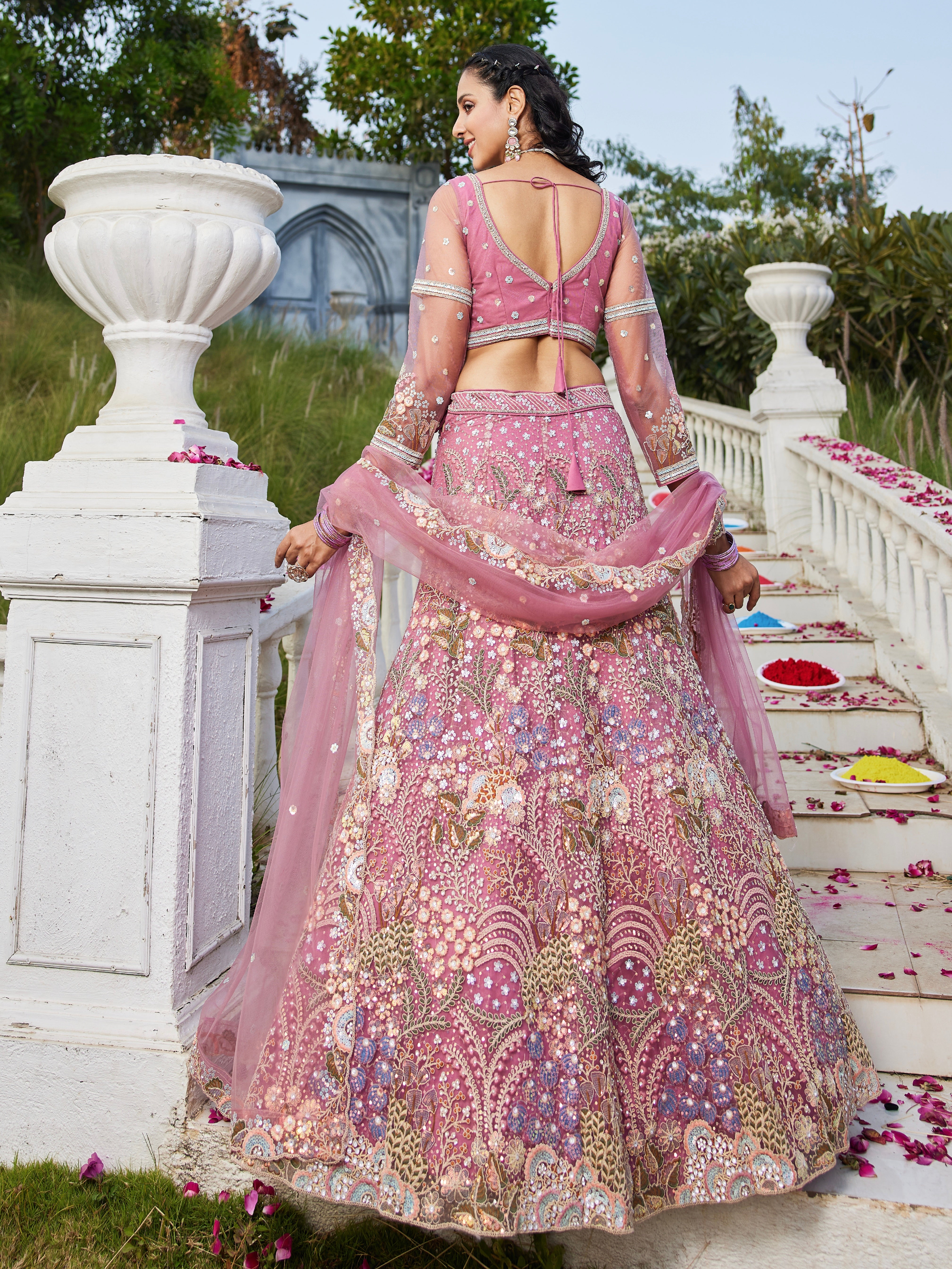 Pink Net Bridal Lehenga with Sequins & Zarkan Embroidery