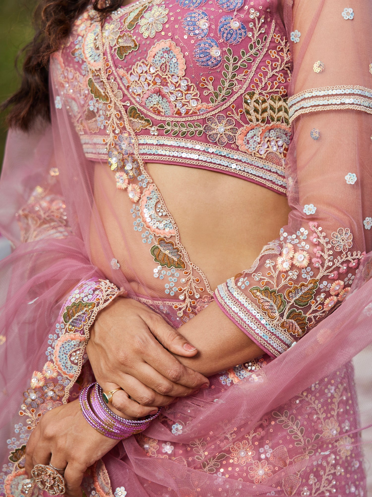 Pink Net Bridal Lehenga with Sequins &amp; Zarkan Embroidery