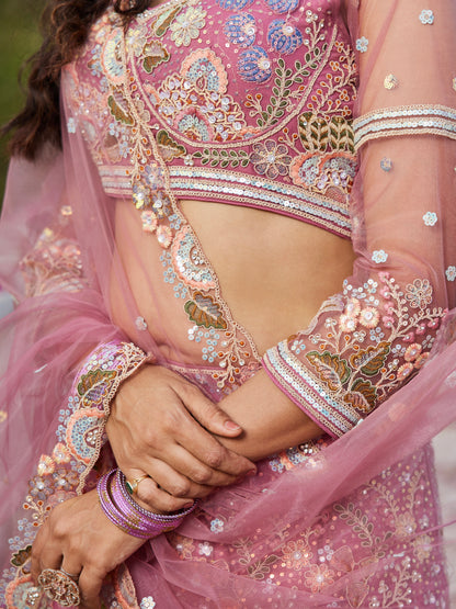 Pink Net Bridal Lehenga with Sequins &amp; Zarkan Embroidery