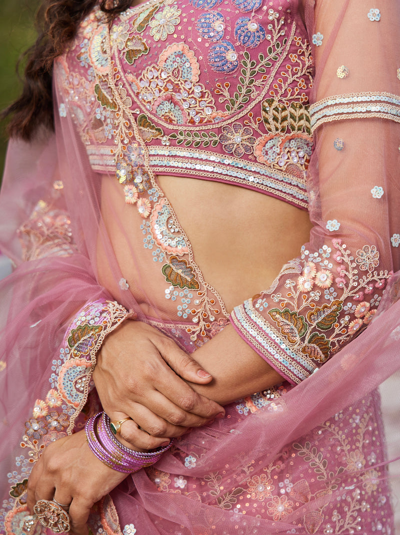 Pink Net Bridal Lehenga with Sequins & Zarkan Embroidery