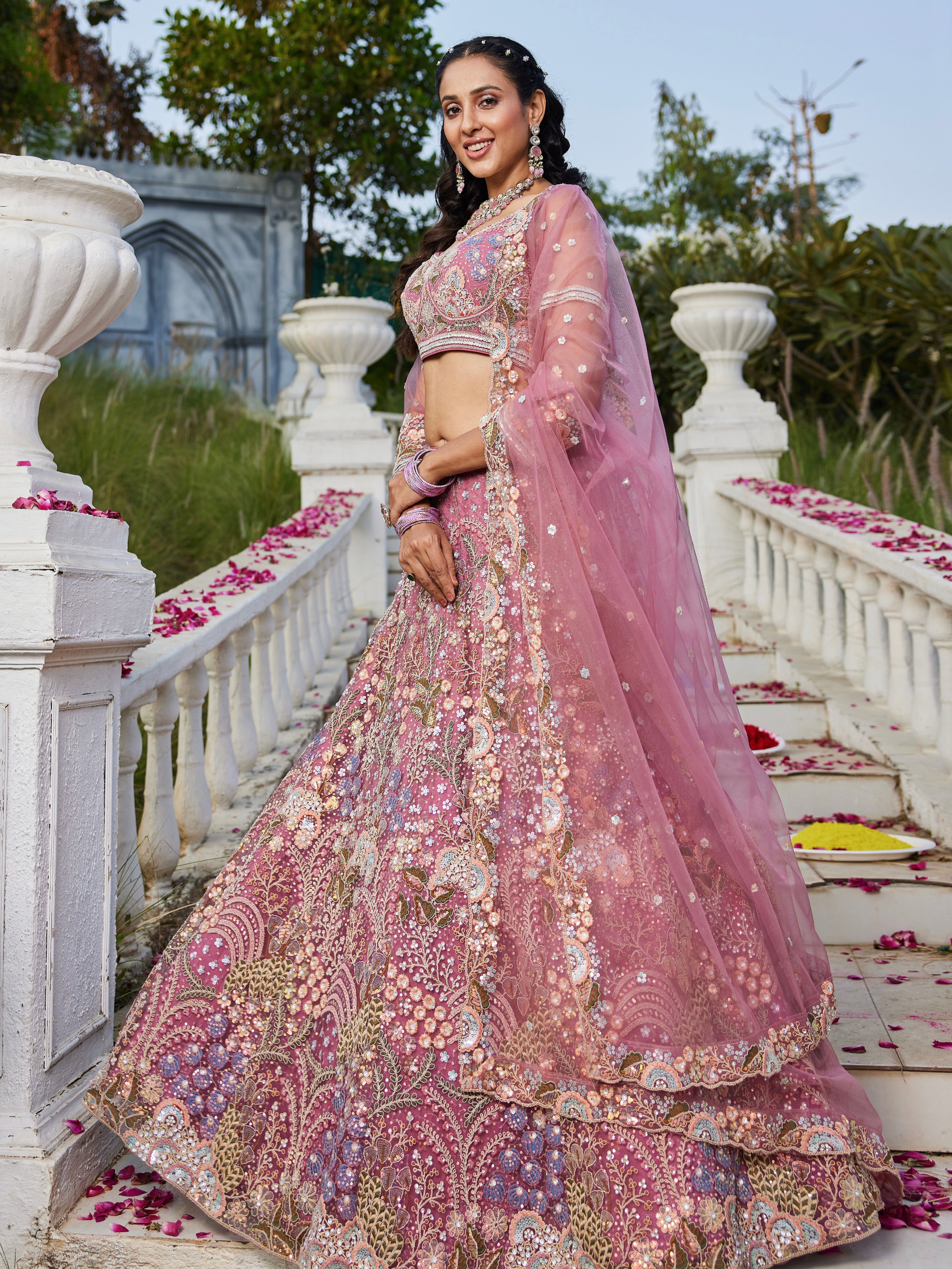 Pink Net Bridal Lehenga with Sequins & Zarkan Embroidery