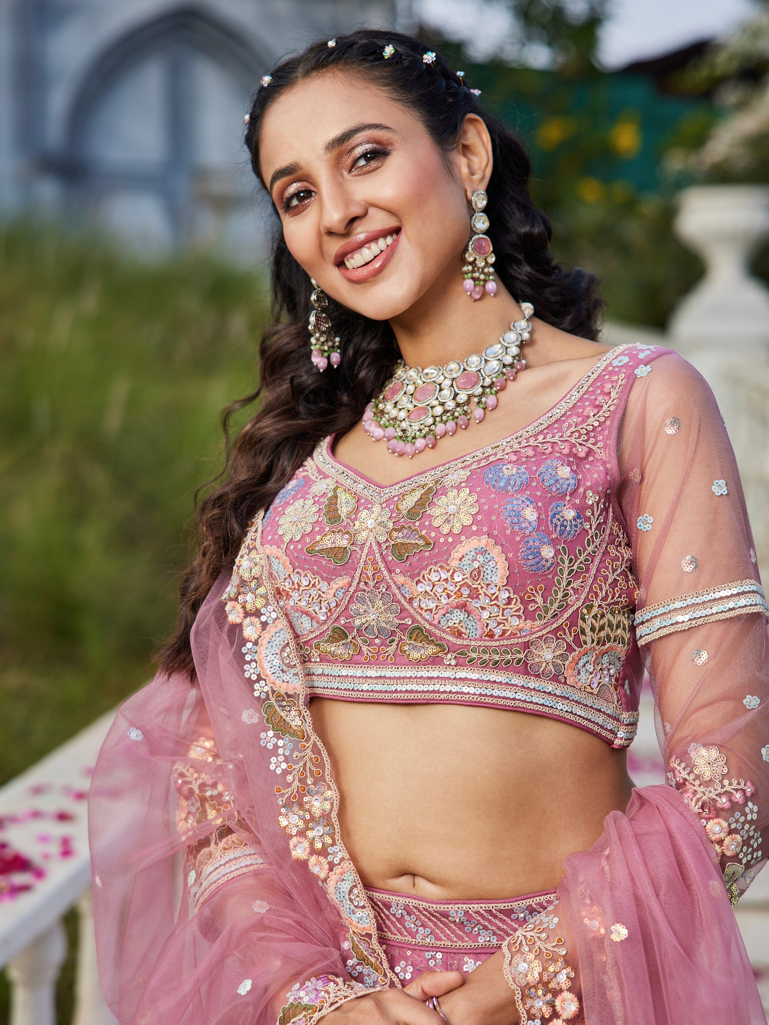 Pink Net Bridal Lehenga with Sequins &amp; Zarkan Embroidery