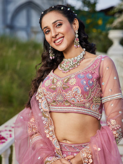 Pink Net Bridal Lehenga with Sequins &amp; Zarkan Embroidery