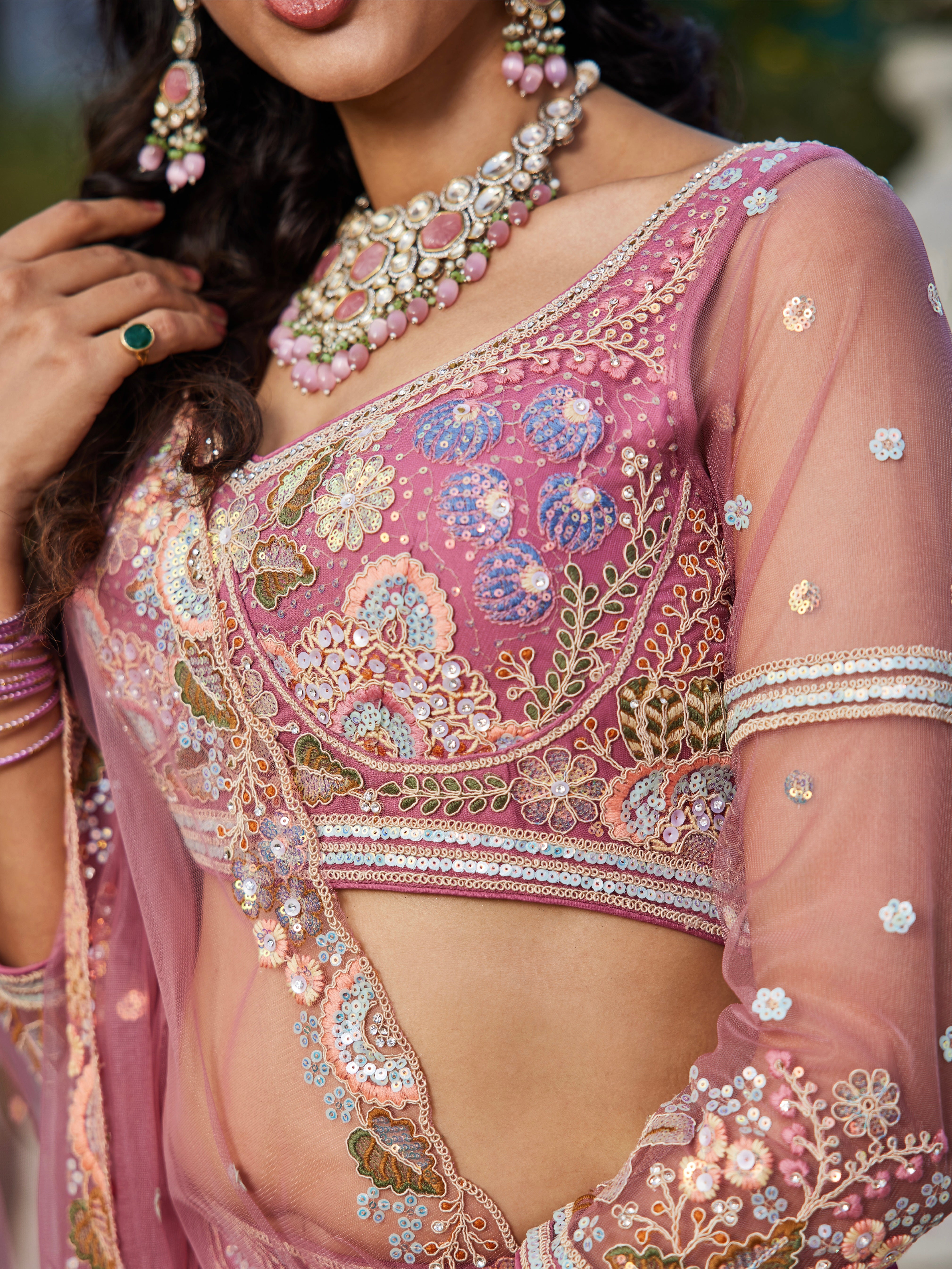 Pink Net Bridal Lehenga with Sequins & Zarkan Embroidery