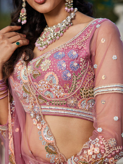 Pink Net Bridal Lehenga with Sequins &amp; Zarkan Embroidery