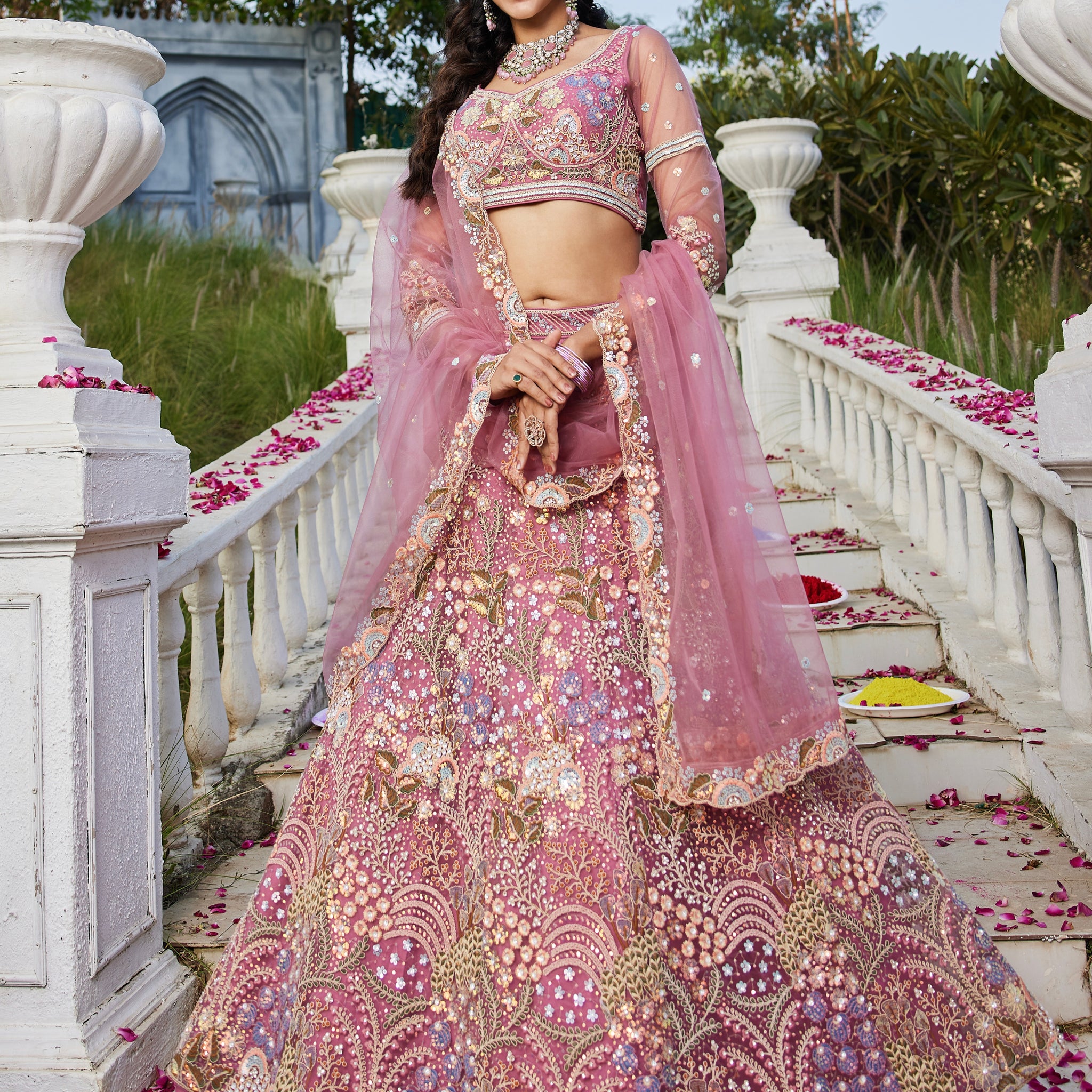 Pink Net Bridal Lehenga with Sequins & Zarkan Embroidery