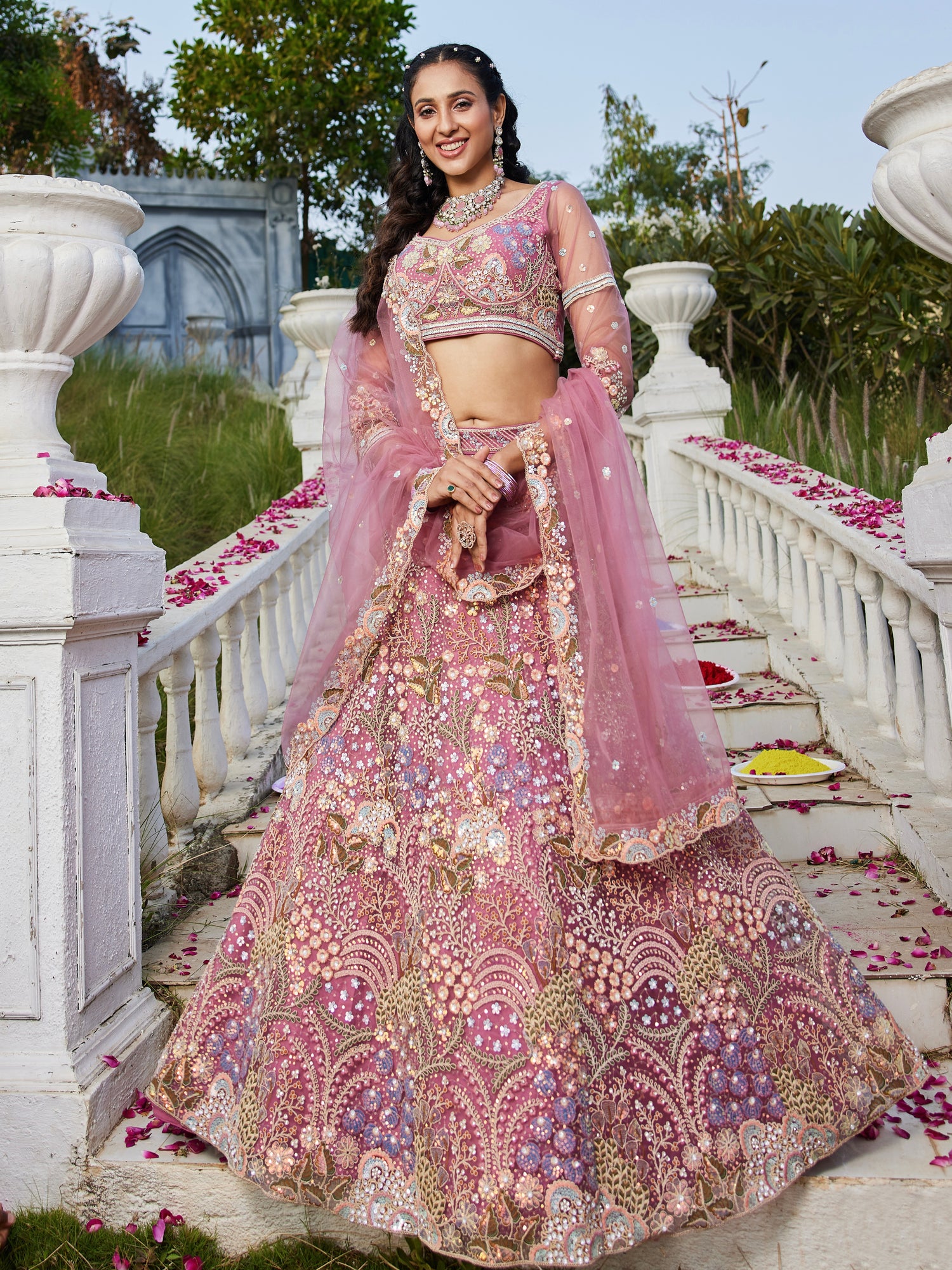 Pink Net Bridal Lehenga with Sequins &amp; Zarkan Embroidery