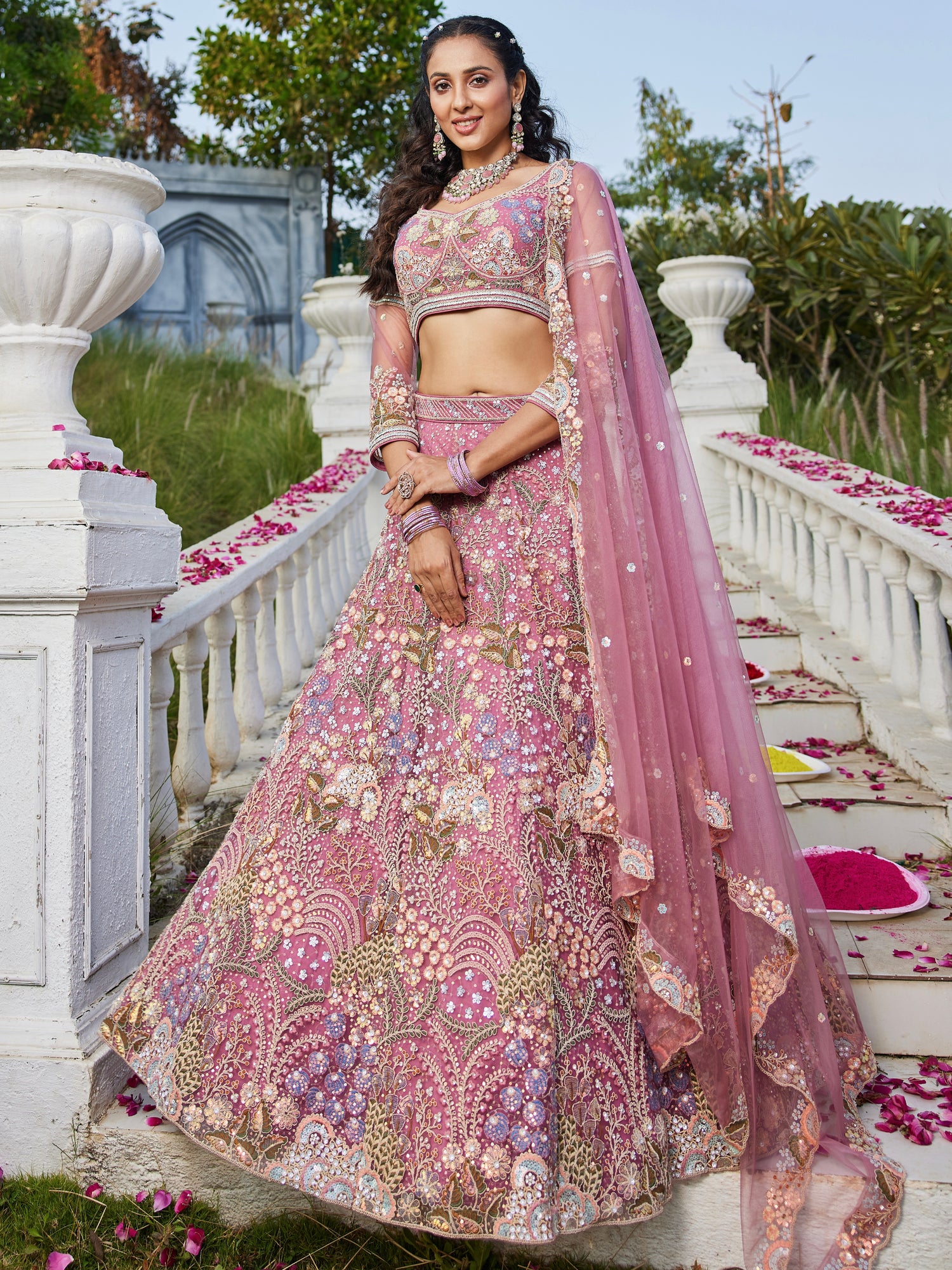 Pink Net Bridal Lehenga with Sequins &amp; Zarkan Embroidery