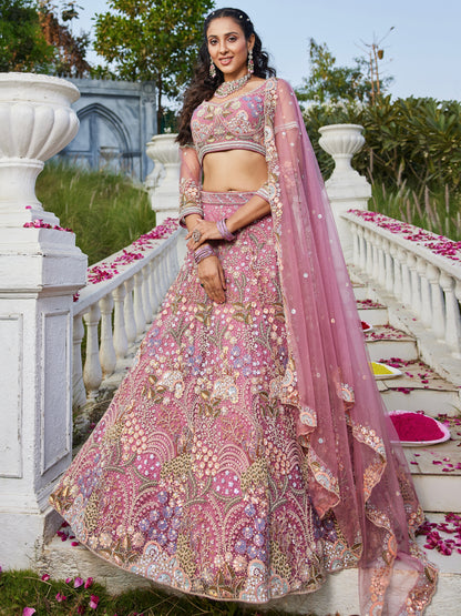 Pink Net Bridal Lehenga with Sequins &amp; Zarkan Embroidery
