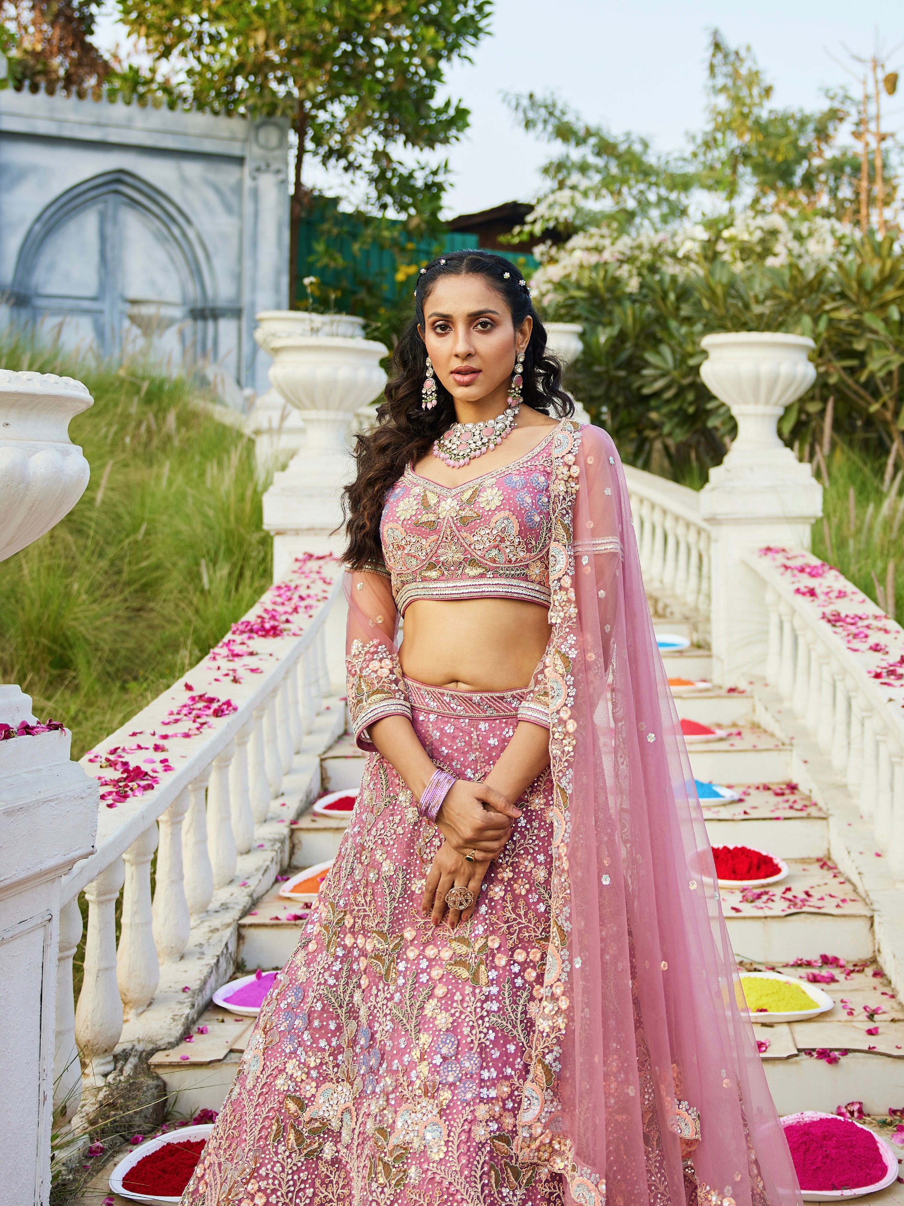Pink Net Bridal Lehenga with Sequins & Zarkan Embroidery