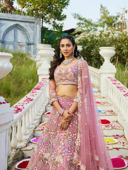 Pink Net Bridal Lehenga with Sequins &amp; Zarkan Embroidery