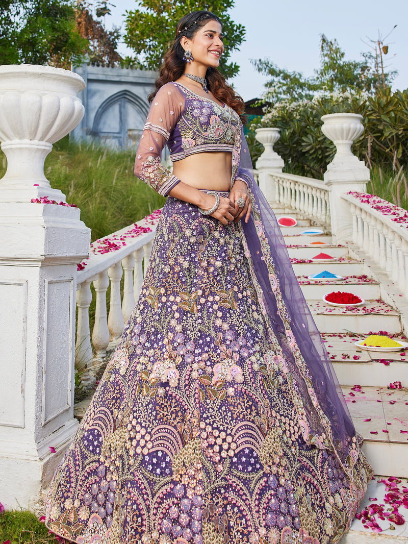 Purple Net Bridal Lehenga with Sequins & Zarkan Embroidery