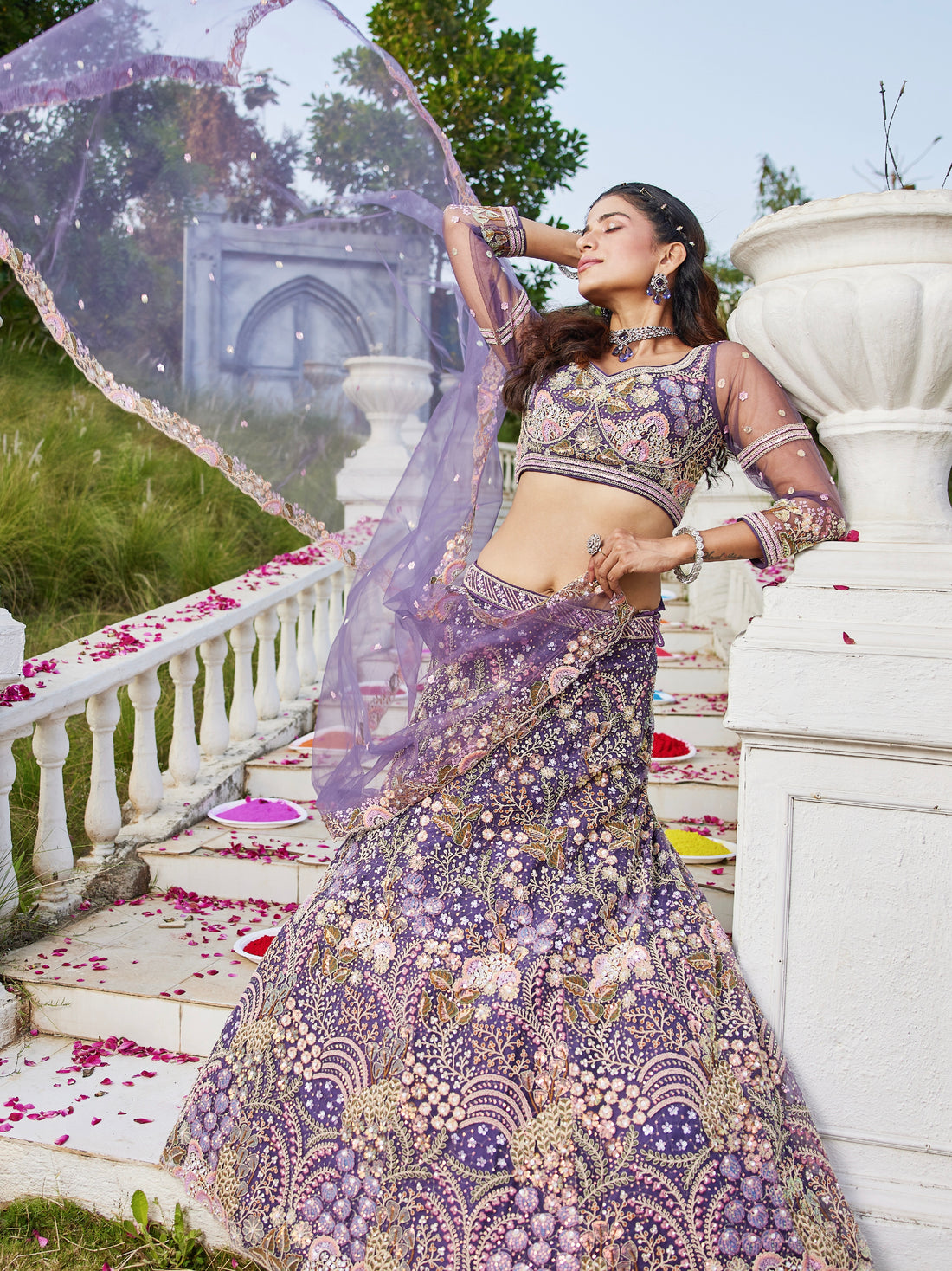 Purple Net Bridal Lehenga with Sequins &amp; Zarkan Embroidery