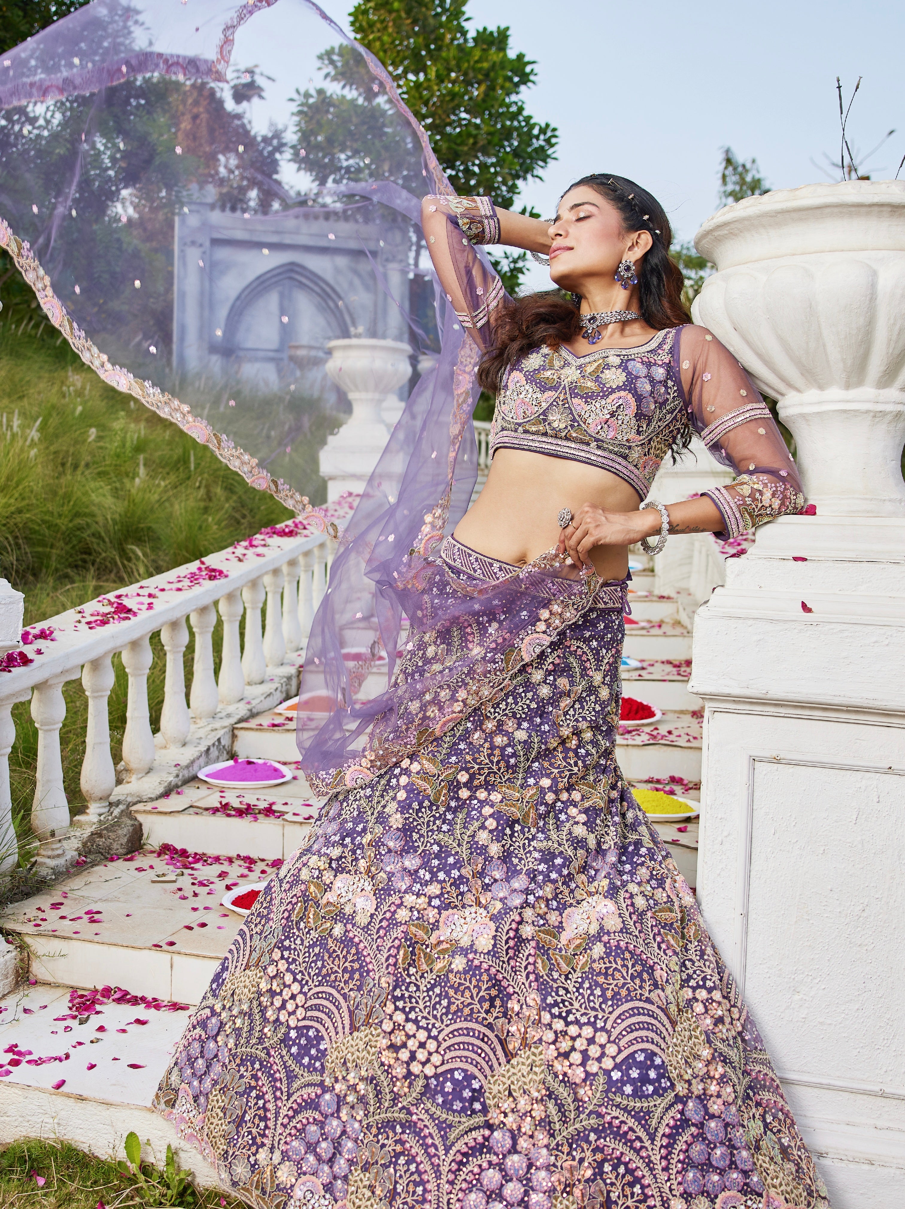 Purple Net Bridal Lehenga with Sequins &amp; Zarkan Embroidery