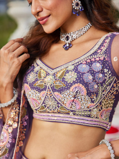 Purple Net Bridal Lehenga with Sequins &amp; Zarkan Embroidery