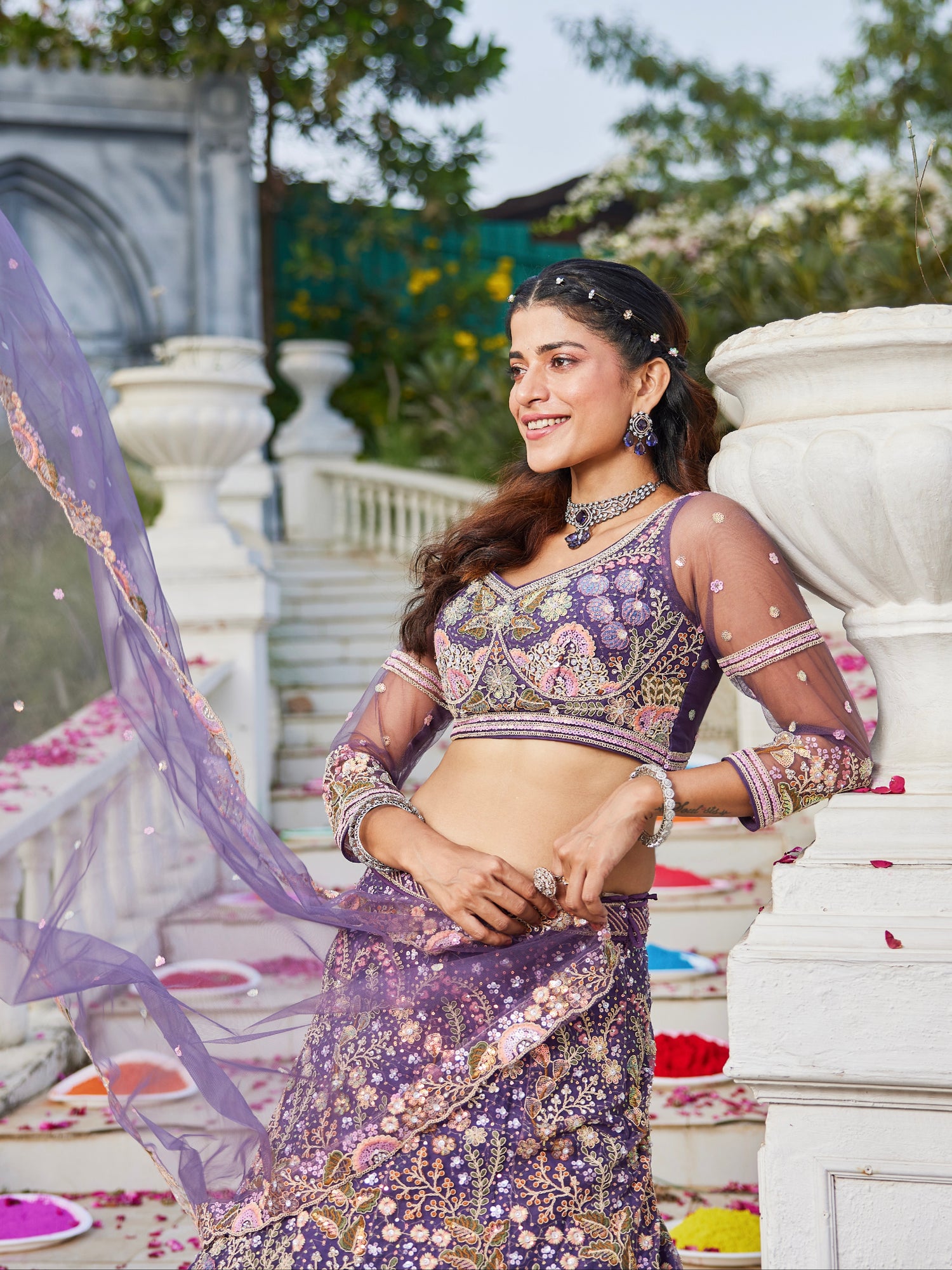 Purple Net Bridal Lehenga with Sequins &amp; Zarkan Embroidery