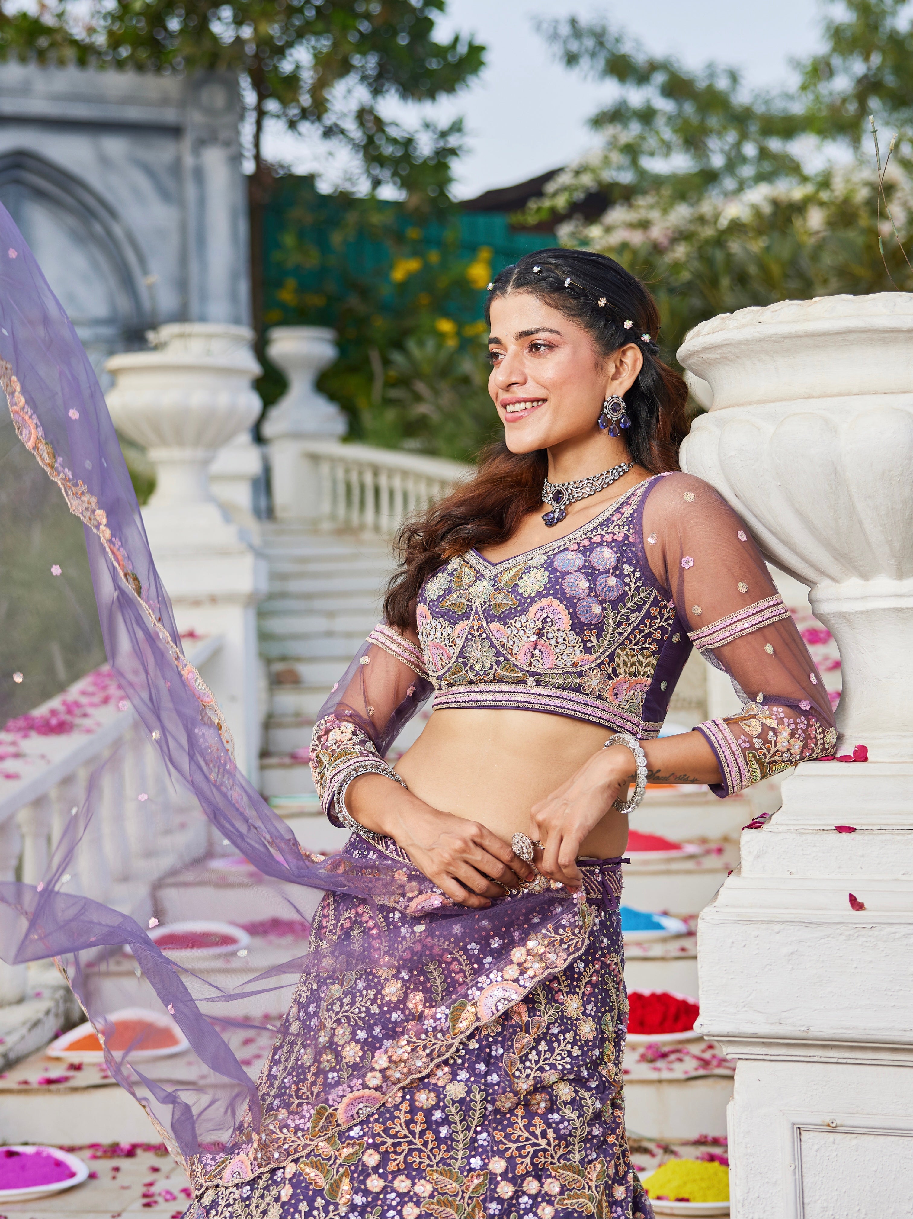 Purple Net Bridal Lehenga with Sequins &amp; Zarkan Embroidery