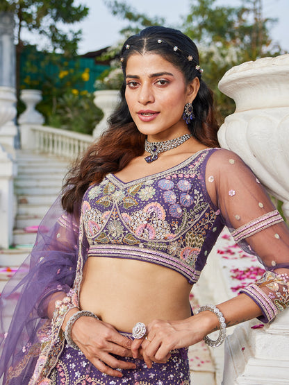 Purple Net Bridal Lehenga with Sequins &amp; Zarkan Embroidery