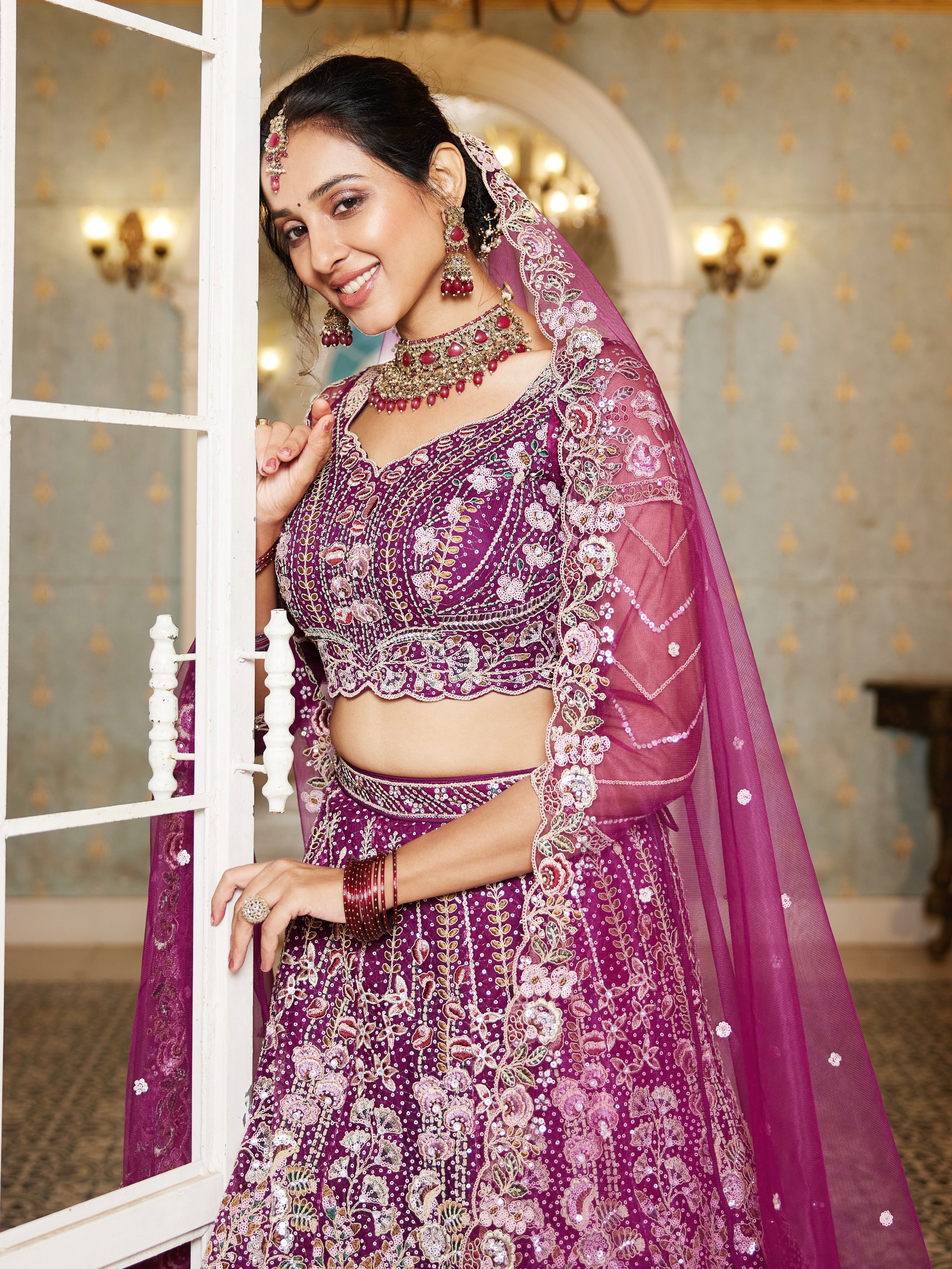 Burgundy Net Bridal Lehenga with Sequins &amp; Zarkan Work